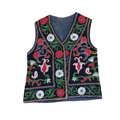 Vintage 90s Red Green White Black Embroidered Tapestry Folk Botanical Waistcoat