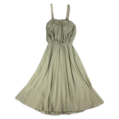 Vintage Champagne Gold & Silver Pleated Midi Dress 6 8 10
