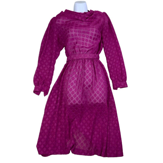 Vintage 70s 80s Pink Textured Diamond Cowl Neck Drop Waist Midi Dress 10 12