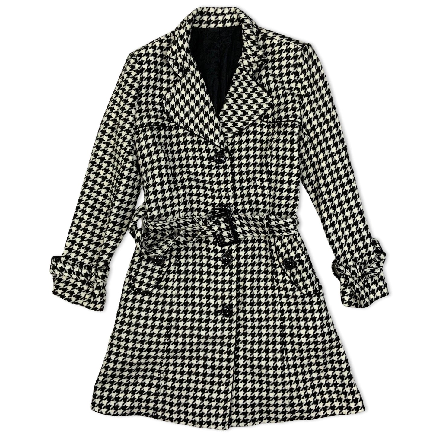 Vintage 90s Black and White Houndstooth check Belted Coat 12