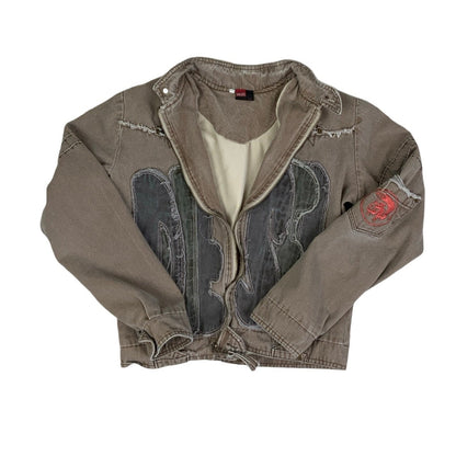 Vintage RARE 90s ‘Diesel’ Brown Grey Embroidered Bomber Denim Jacket UK 6 8 10 S
