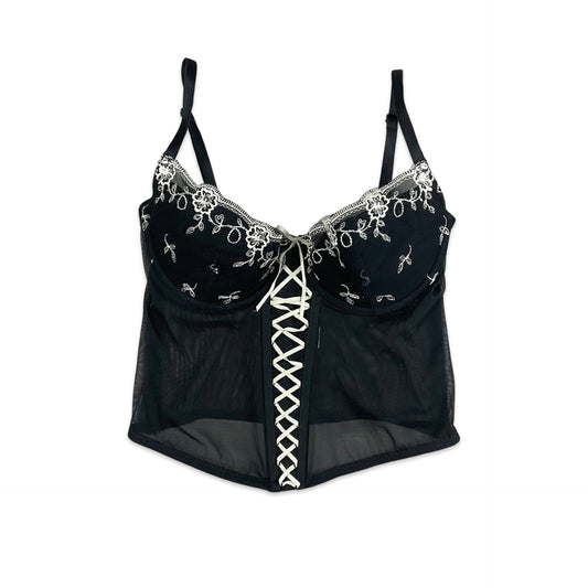 Vintage 90s Y2K Black Embroidered Floral Corset Top  4 6