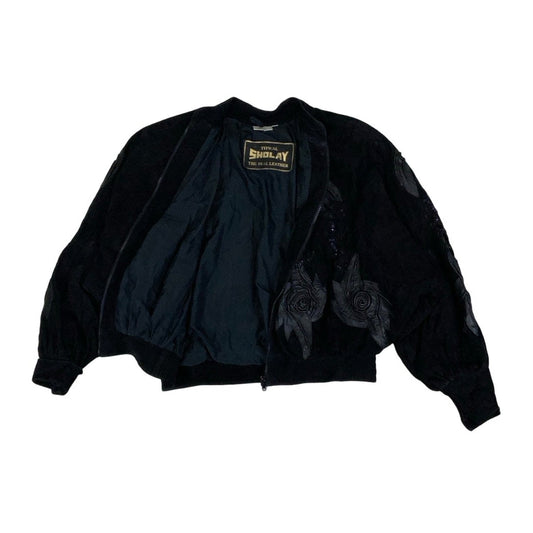 Vintage 80s ‘Typical Sholay’ Black Batwing Embroidered Beaded Floral Suede Leather Bomber Jacket 18 20 XL