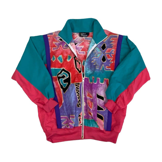 Vintage 80s 90s ‘Silver Threads’ Green Pink Purple Crazy Patterned Windbreaker Bomber Jacket M L