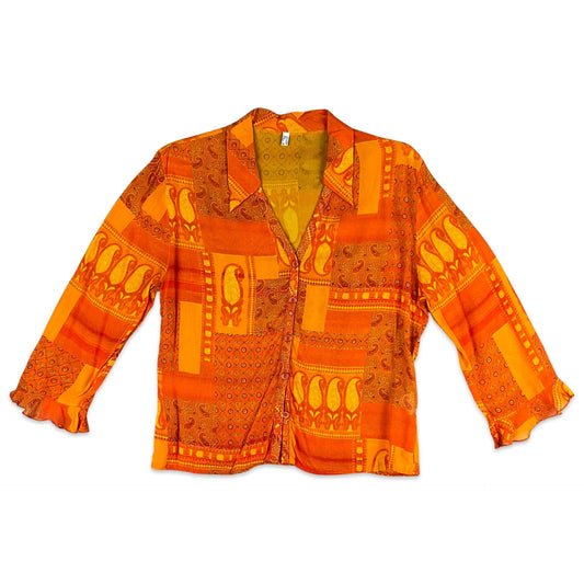 Vintage 90s Orange Paisley Blouse 10 12 14