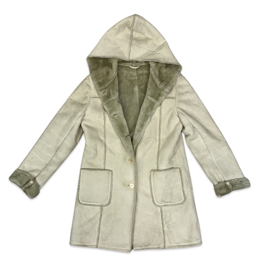Vintage 90s Cream Hooded Sheepskin Shearling Coat 14 16