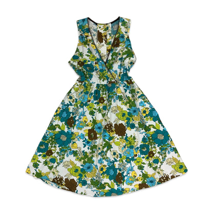 Vintage White Blue Green Floral Midi Dress 10