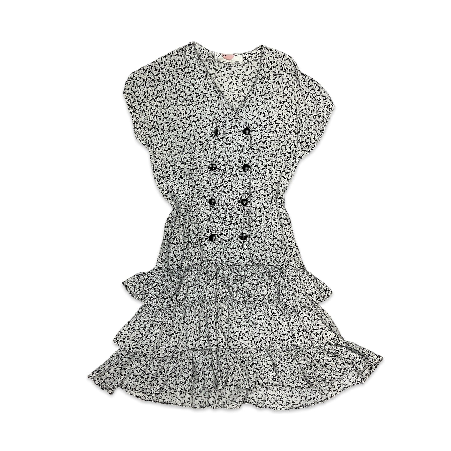 Vintage 90s Grunge Black & White Floral Ruffle Drop Waist Mini Dress