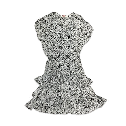 Vintage 90s Grunge Black & White Floral Ruffle Drop Waist Mini Dress