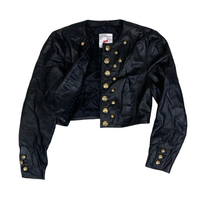 Vintage 80s 90s ‘Mondi’ Black Gold Beaded Crop Leather Jacket 10 12