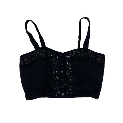 Vintage 90s Y2K ‘Best Connections’ Black Beaded Sequin Crop Tank Top 6 XS
