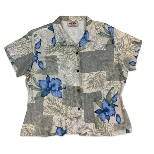 90s Blue Grey Floral Hawaiian Shirt