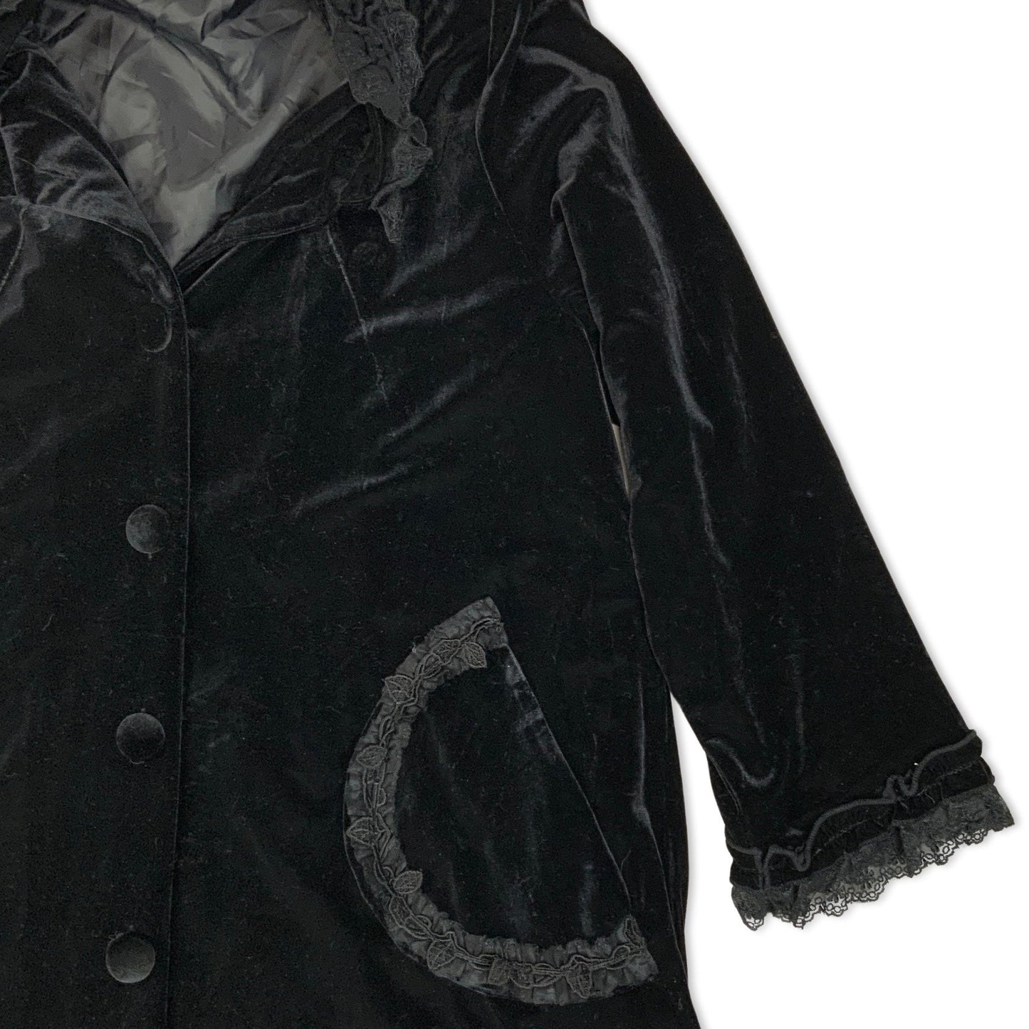 Vintage Lace Detailed Black Velvet Coat 12 14 16