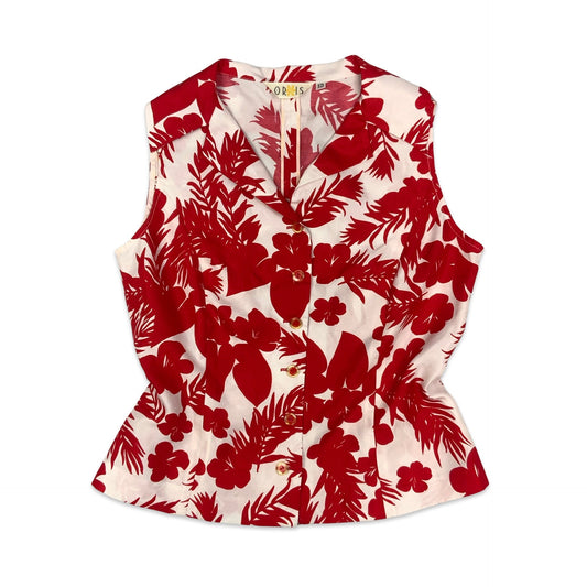 Vintage Red & White Floral Sleeveless Blouse 12