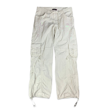 Y2K White Cargo Trousers with Sequin Embellishment 8 10 12