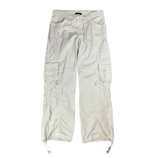 Y2K White Cargo Trousers with Sequin Embellishment 8 10 12