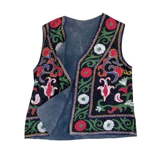 Vintage 90s Red Green White Black Embroidered Tapestry Folk Botanical Waistcoat