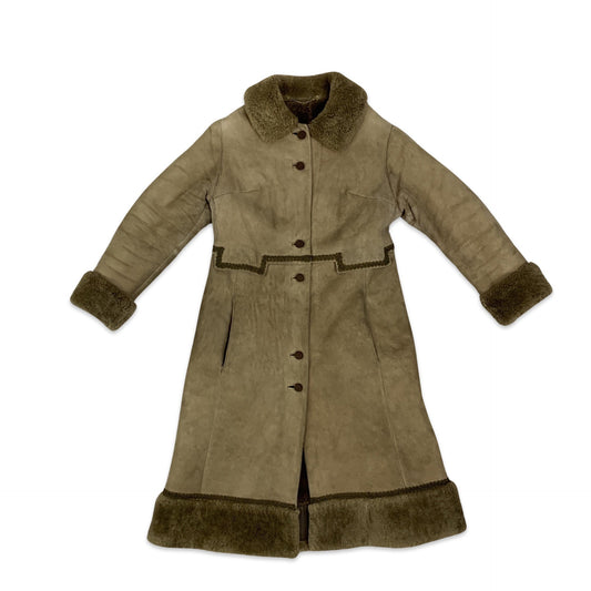 Vintage Light Brown Sheepskin Embroidered Shearling Midi Coat 10 12