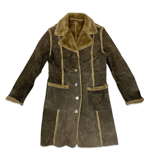 Vintage Brown Shearling Midi Coat with Faux Fur Trim 16 18