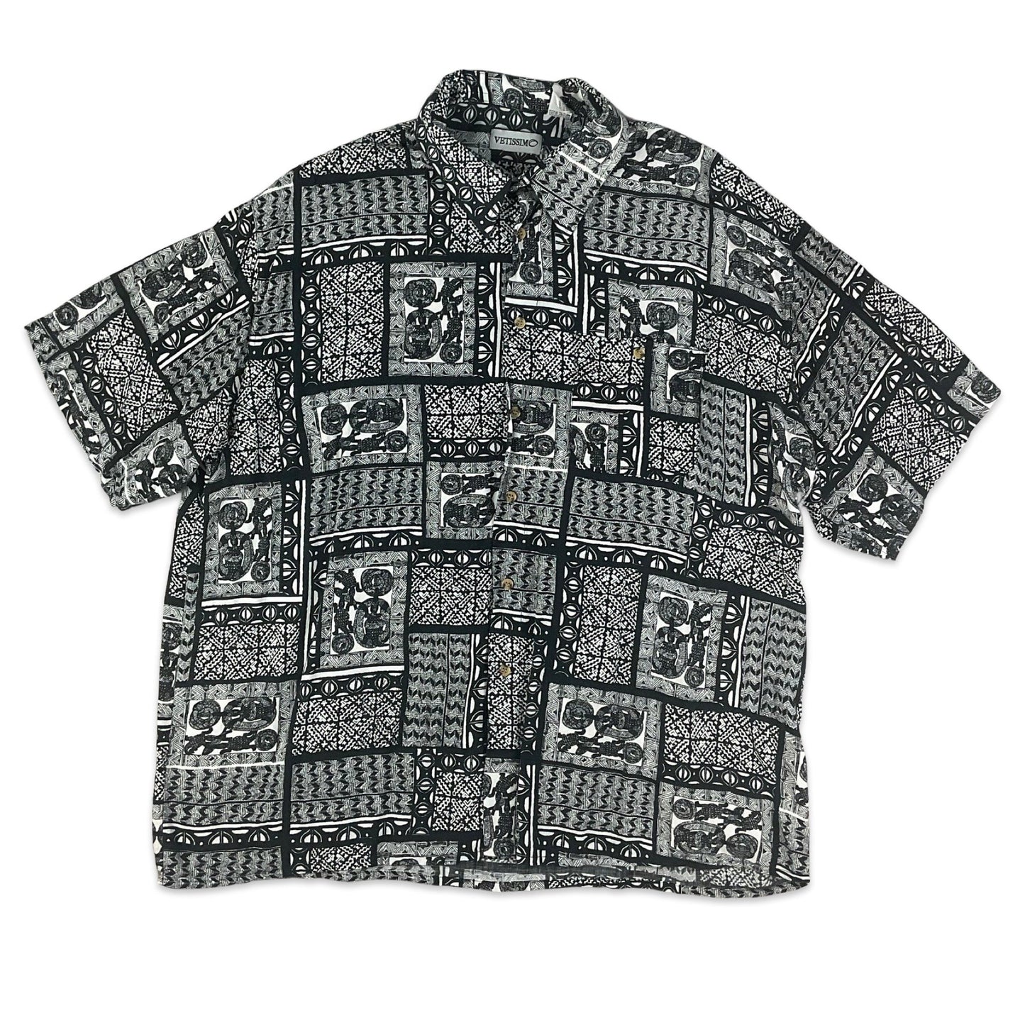 Vintage Black & White Tribal Pattern Short Sleeve Shirt 2XL