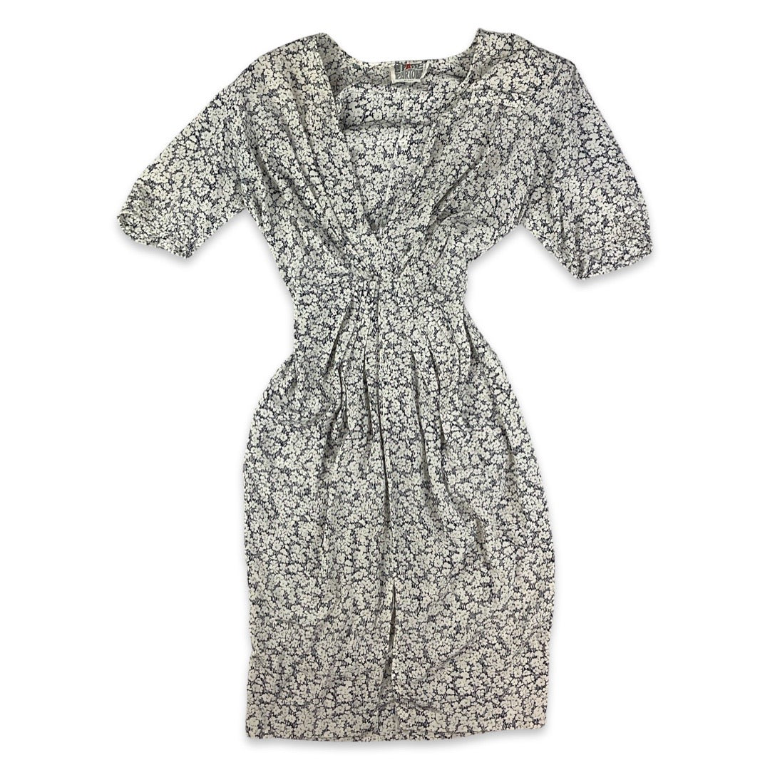 Vintage White & Navy Ditsy Floral Gathered Waist Dress 8 10