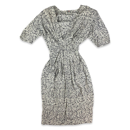 Vintage White & Navy Ditsy Floral Gathered Waist Dress 8 10