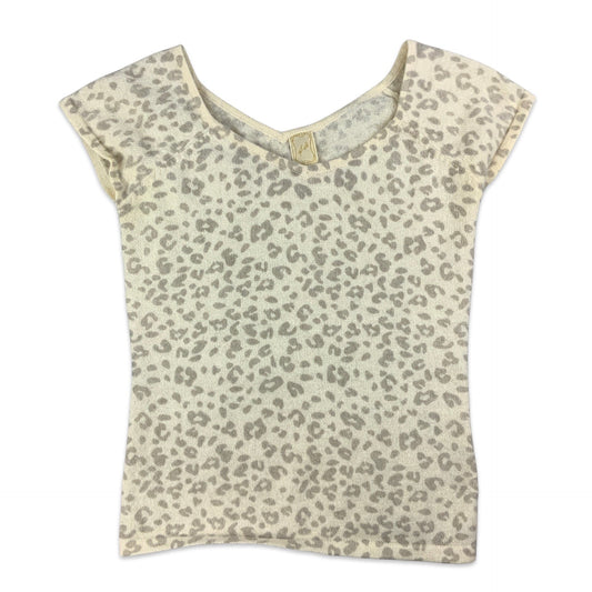 Y2K Cheetah Print Beige and Grey Lurex Knitted Short Sleeve Jumper 4 6 8