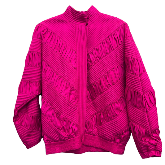VTG 1990s PURE SILK BRIGHT PINK BUTTON UP PADDED RUCHED JACKET SIZE S 8