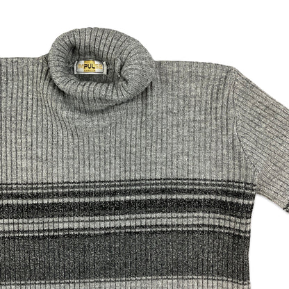 Vintage Grey Striped Ribbed Roll Neck Knit Jumper 10 12 14