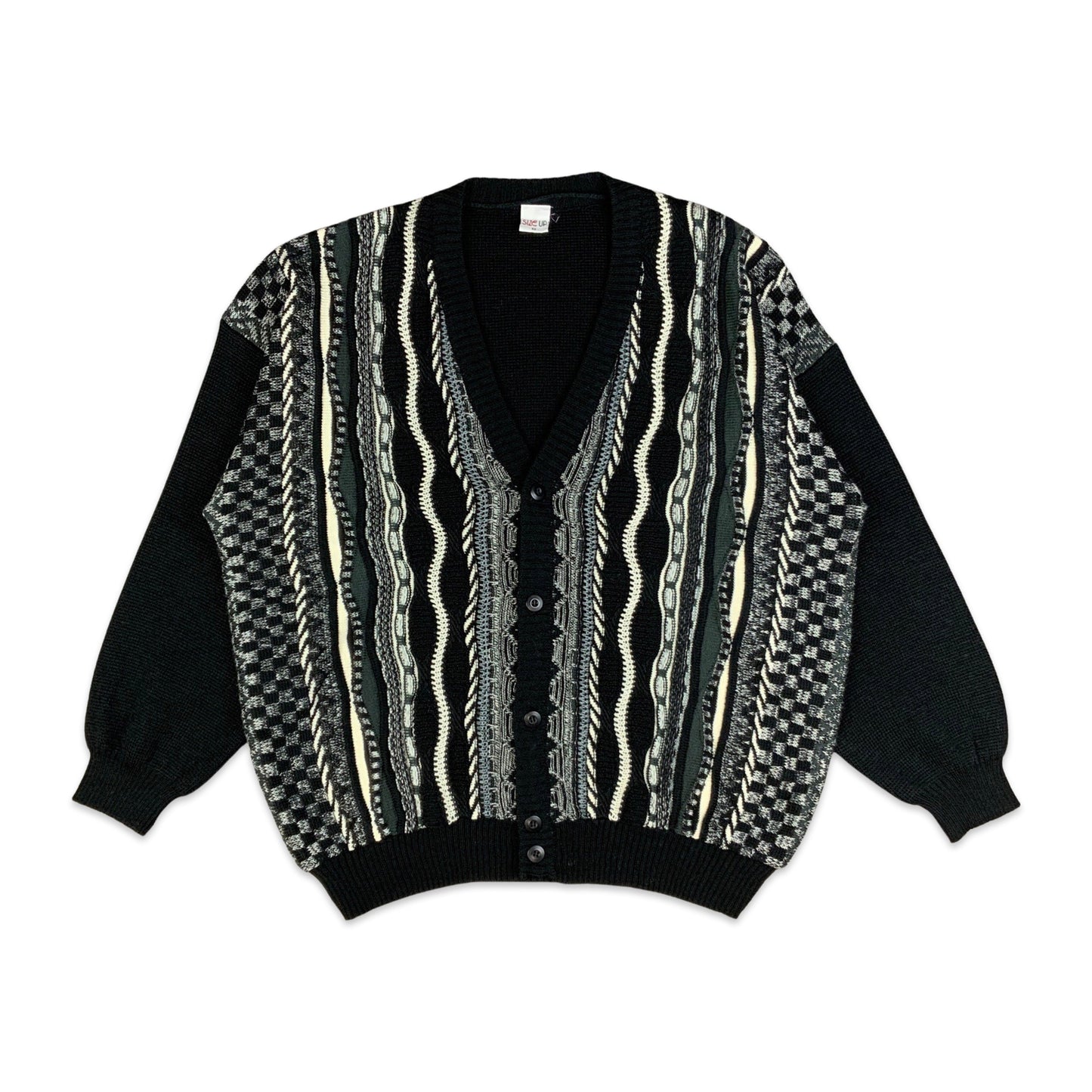 Vintage 80s Men's Black & White 3D Knit Cardigan XL 2XL 3XL