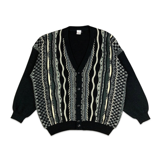 Vintage 80s Men's Black & White 3D Knit Cardigan XL 2XL 3XL