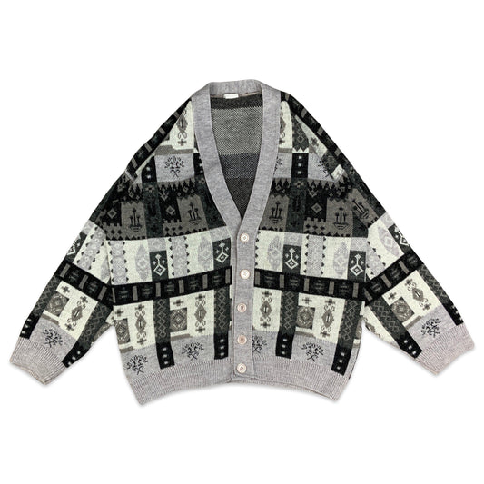 Vintage 80s Men's Grey Black & Brown Knit Cardigan M L