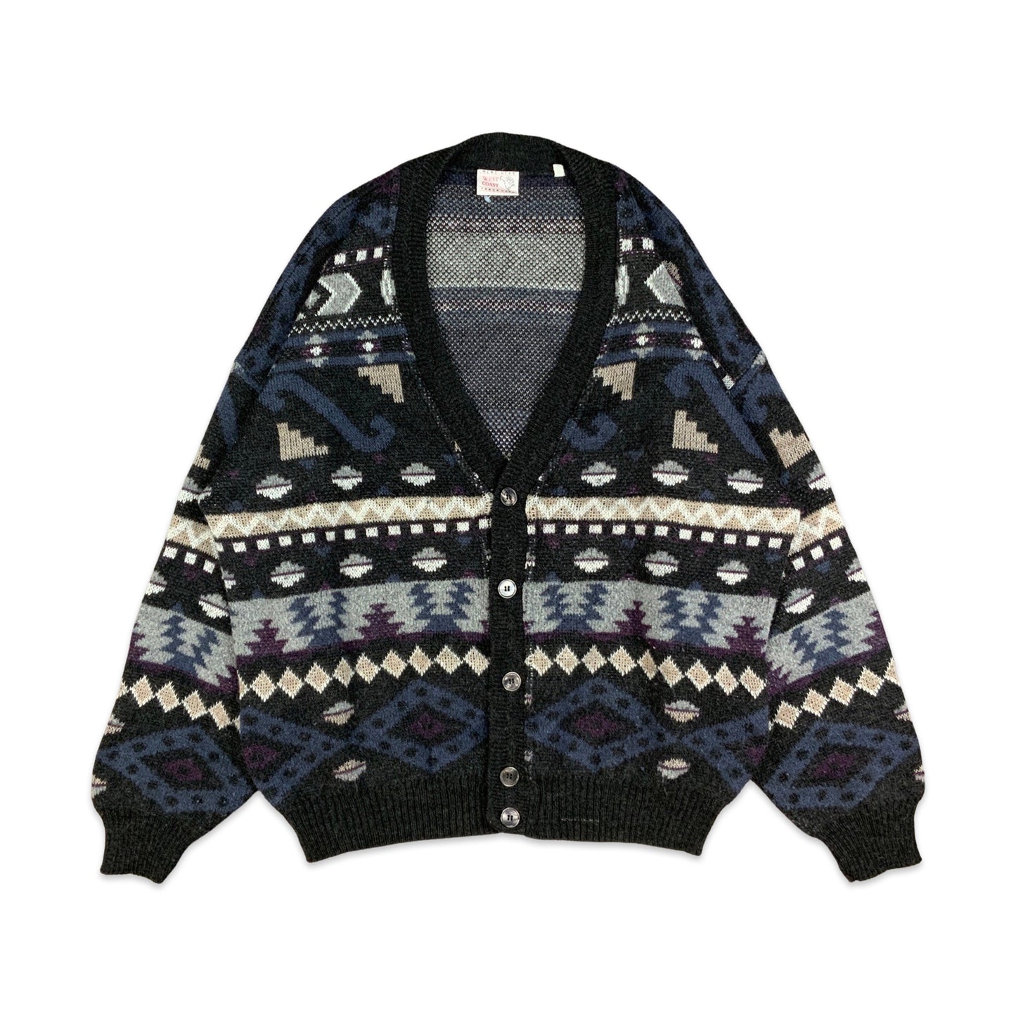 Vintage 80s Black Blue & Purple Aztec Print Cardigan L XL