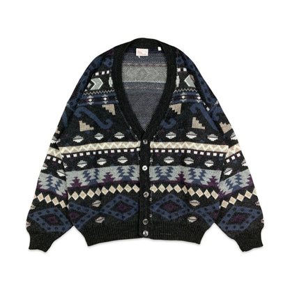 Vintage 80s Black Blue & Purple Aztec Print Cardigan L XL