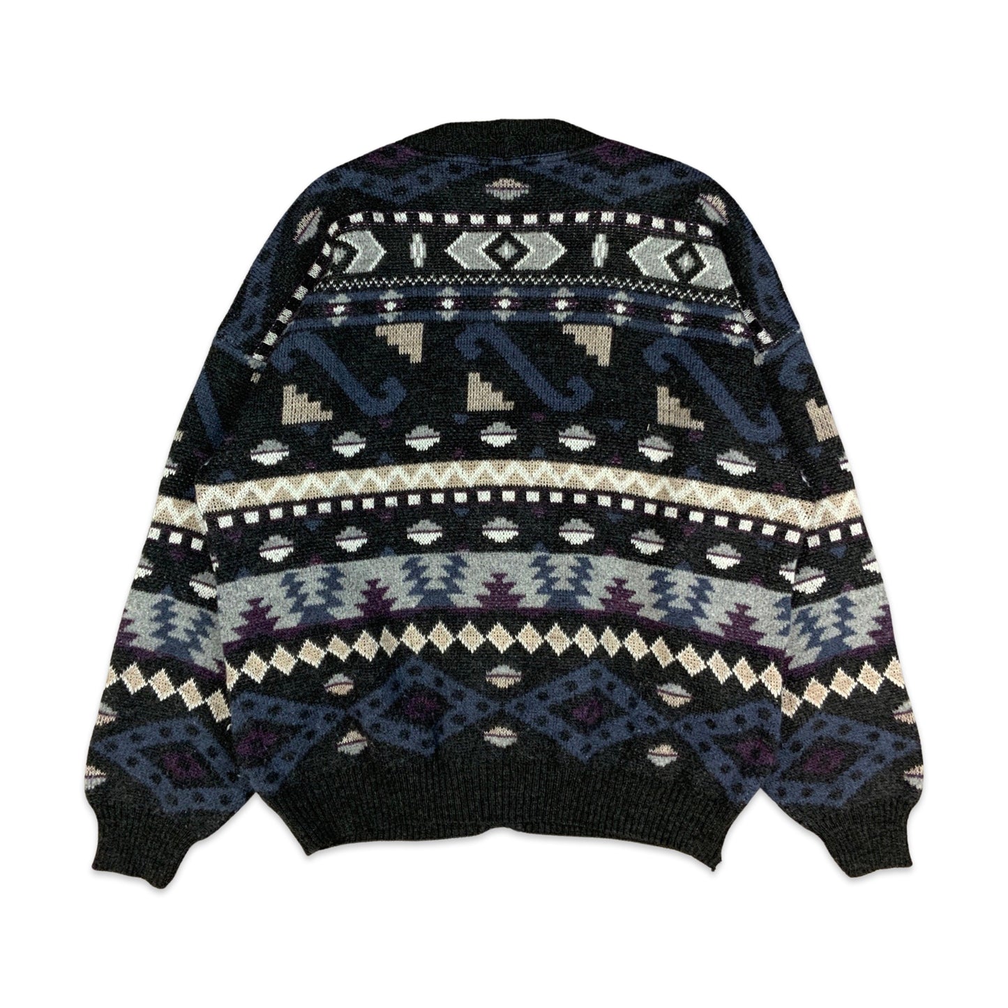 Vintage 80s Black Blue & Purple Aztec Print Cardigan L XL