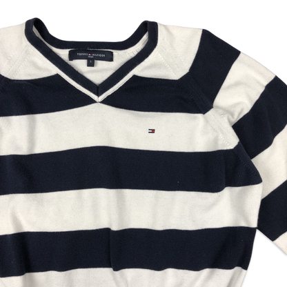 Tommy Hilfiger Navy and White Striped V Neck Knit Jumper L XL