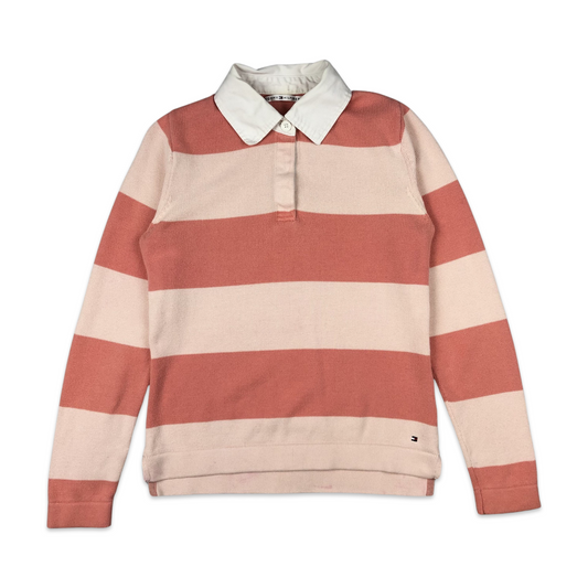 Tommy Hilfiger Rugby Shirt Pink Long Sleeve Striped Spell Out 10 12