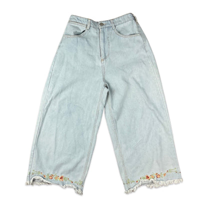 Floral Embroidered Blue Light Wash Wide Leg Jeans 6 8 10 12