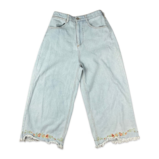 Floral Embroidered Blue Light Wash Wide Leg Jeans 6 8 10 12