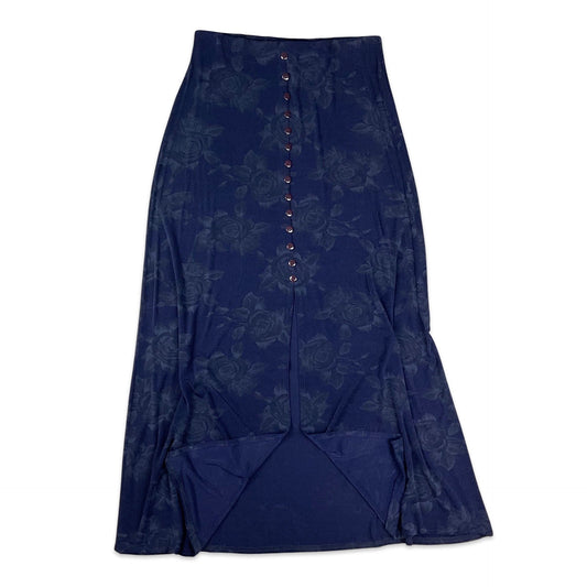 Vintage Navy Floral Fitted Maxi Skirt 12 14