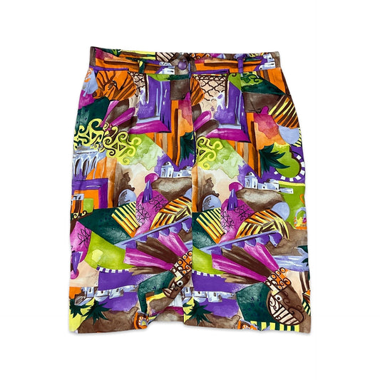 Vintage Purple Green & Orange Abstract Print Pencil Skirt 14