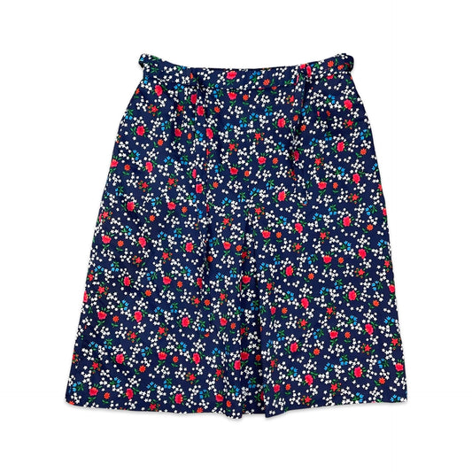 Vintage Navy White Green & Red Floral Print A-line Midi Skirt 4 6