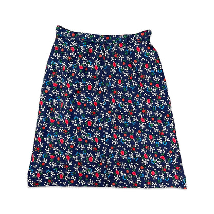 Vintage Navy White Green & Red Floral Print A-line Midi Skirt 4 6