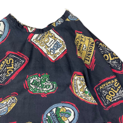 Vintage Navy & Red Novelty Print A-line Midi Skirt 10