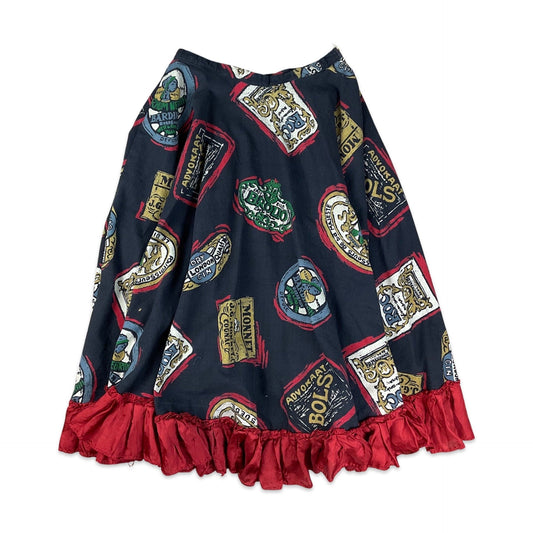 Vintage Navy & Red Novelty Print A-line Midi Skirt 10