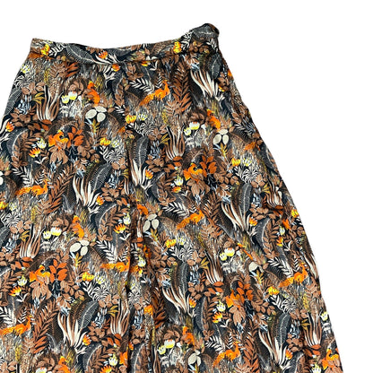 Vintage Black Brown & Orange Botanical Print Midi Skirt 12 14