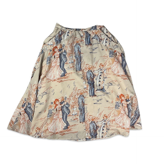 Vintage Cream Brown Novelty Graphic Print A-line Skirt 6 8