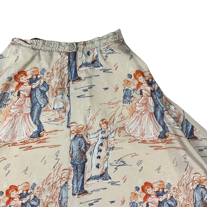 Vintage Cream Brown Novelty Graphic Print A-line Skirt 6 8