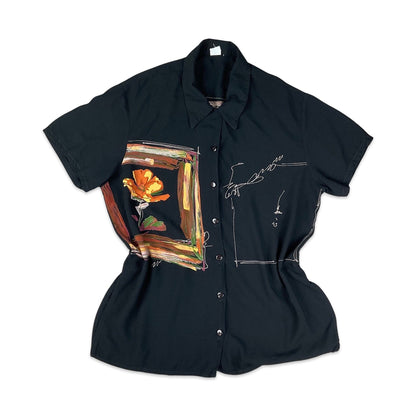 Vintage 80s 90s Black Graphic Print Shirt Blouse 12 14 16