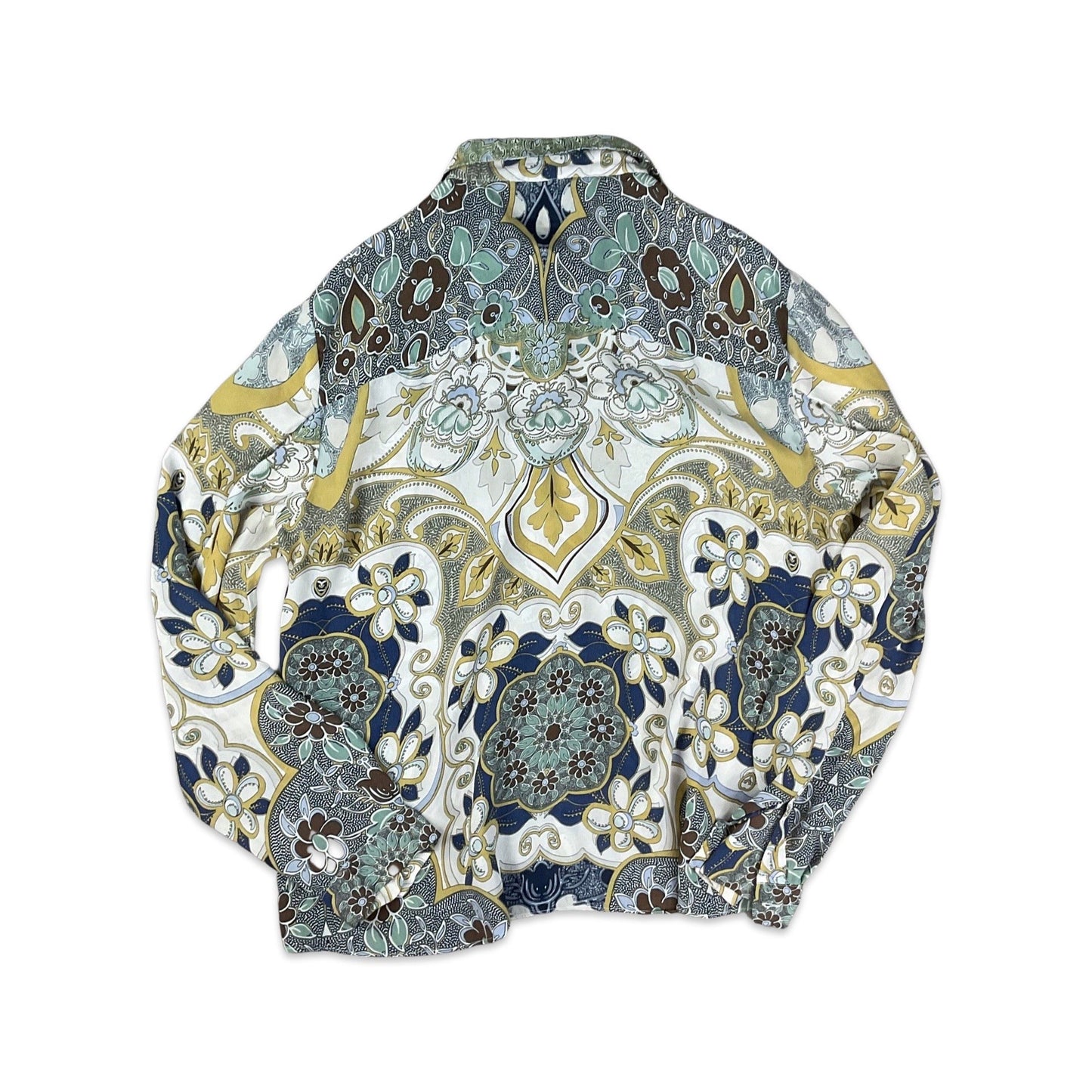 Vintage 90s Y2K Abstract Floral Print White, Teal, Blue, and Beige Shirt Blouse